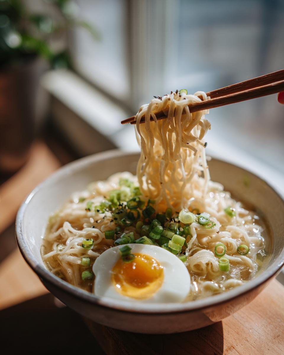 Close-up of a bowl of Garlic Miso Ramen with noodles being lifted by chopsticks, garnished with egg and scallions.