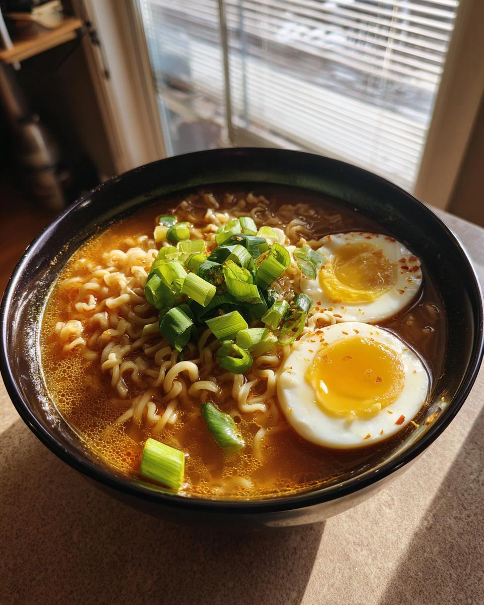 A bowl of Garlic Miso Ramen with noodles, soft boiled eggs, and green onions.