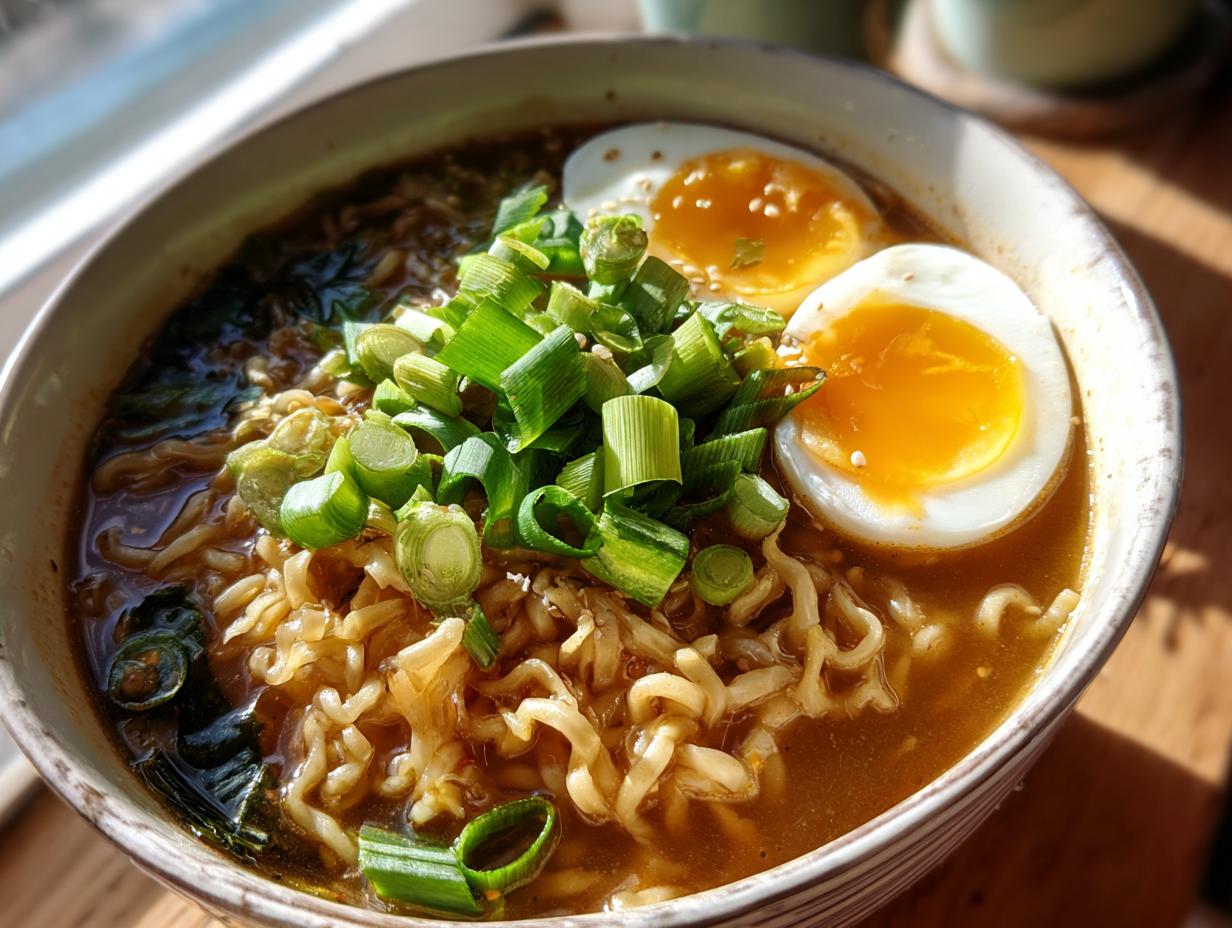 Close-up of a bowl of Garlic Miso Ramen with noodles, soft-boiled eggs, and green onions.