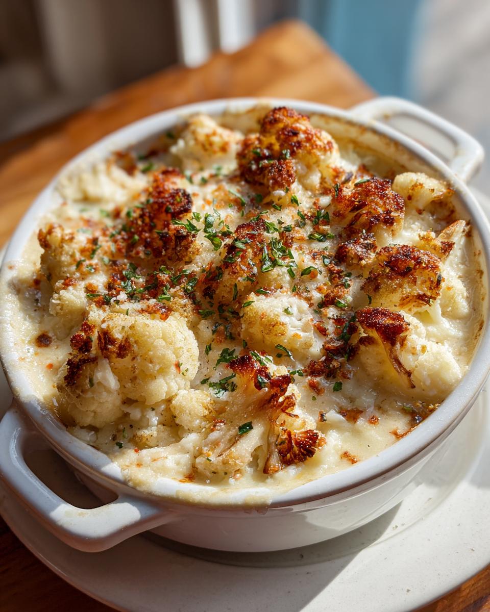 Close-up of a bowl of creamy Garlic Parmesan Cauliflower Soup, garnished with herbs.
