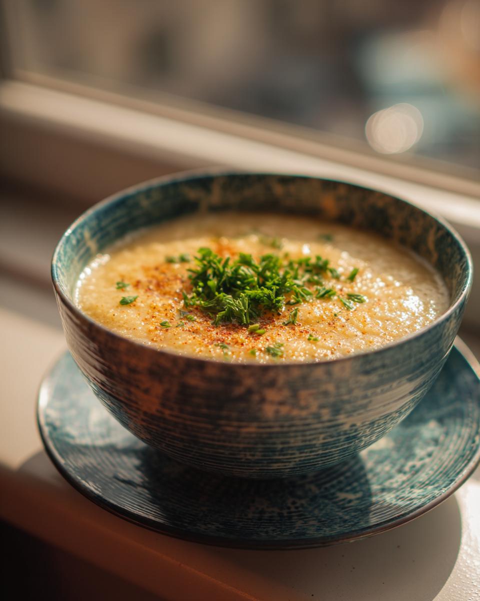 Close-up of a bowl of Garlic Parmesan Cauliflower Soup, garnished with herbs.