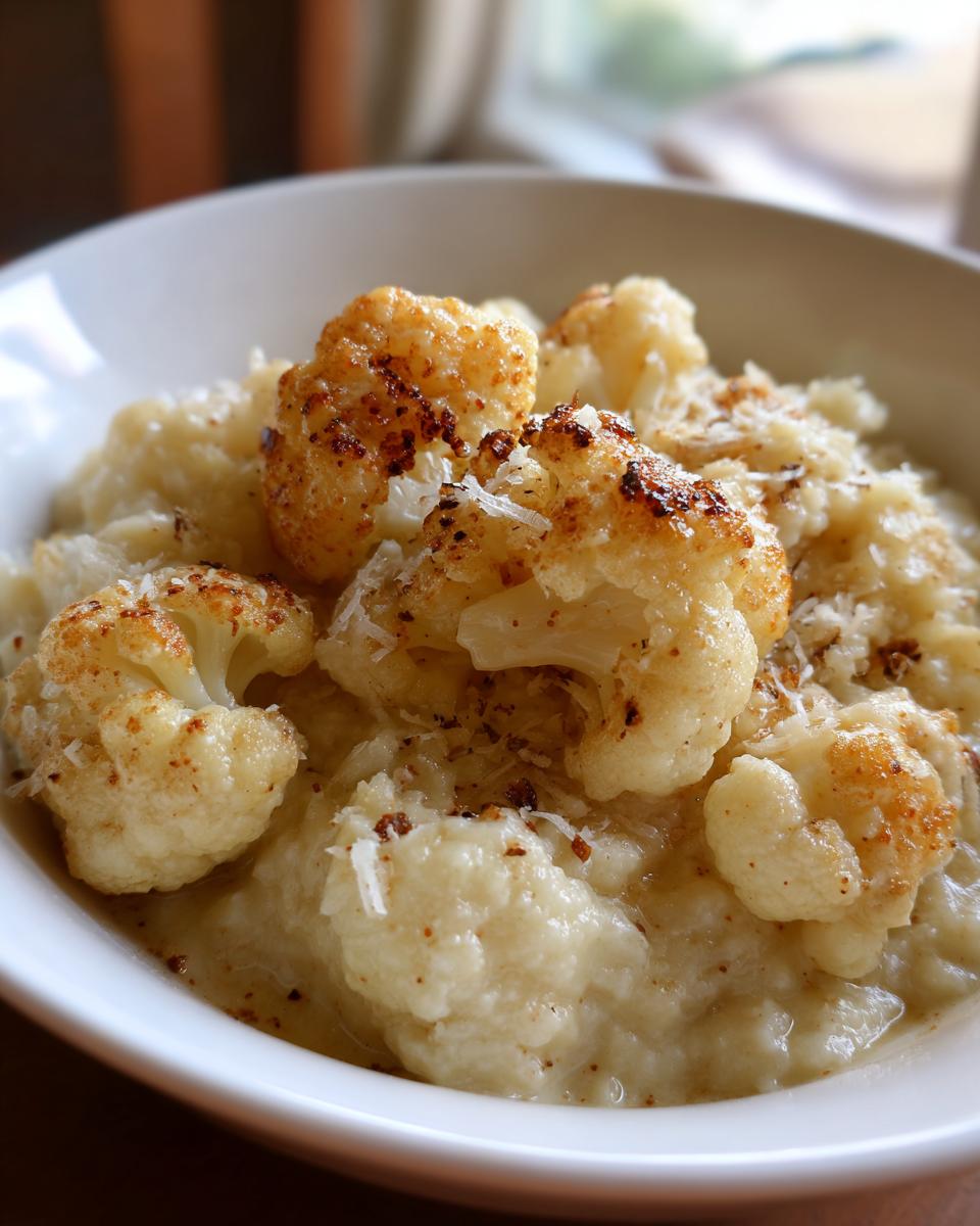 Close-up of a bowl of creamy Garlic Parmesan Cauliflower Soup, topped with roasted cauliflower florets and parmesan.
