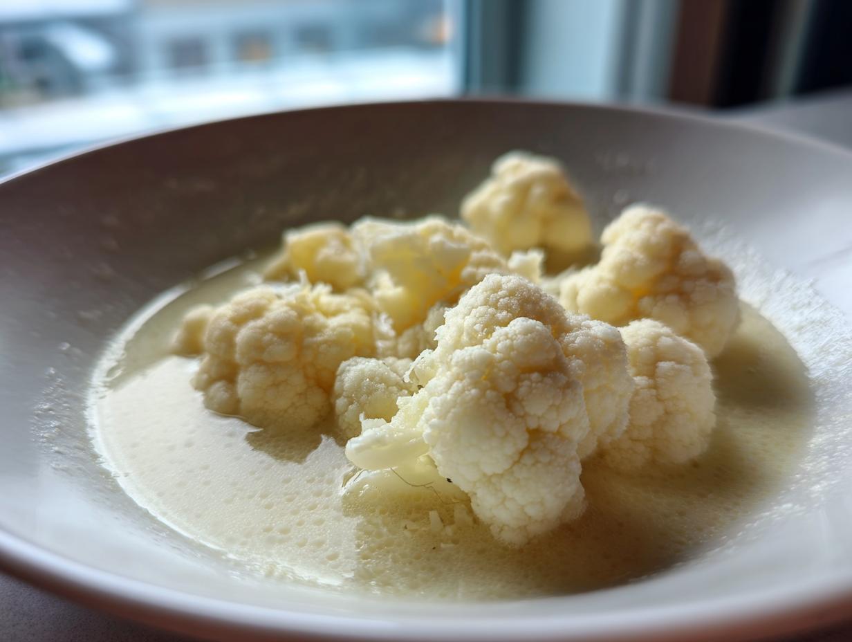 Close-up of a bowl of creamy Garlic Parmesan Cauliflower Soup with cauliflower florets.