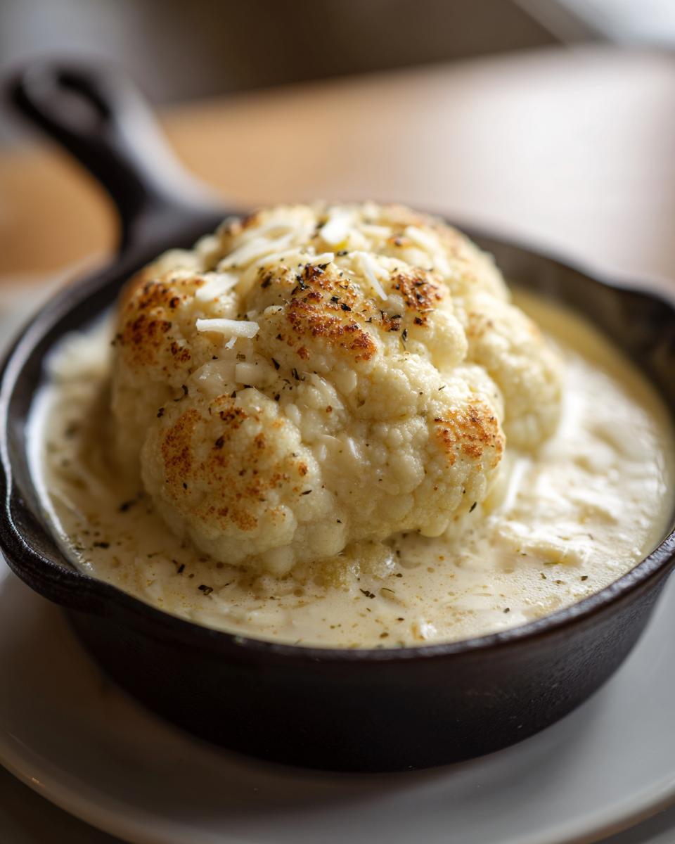 Whole roasted cauliflower in a creamy garlic parmesan soup, a delicious Garlic Parmesan Cauliflower Soup.