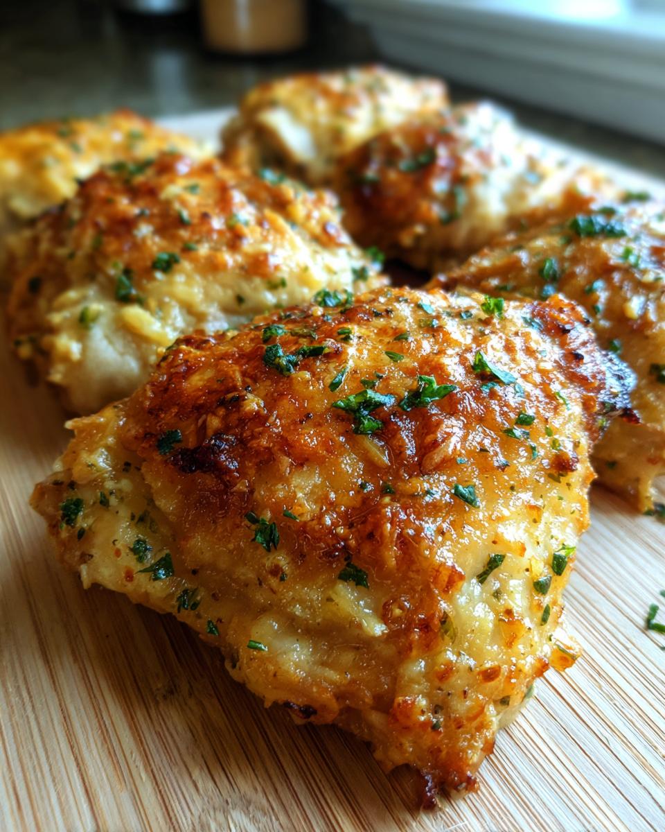 Close-up of baked Garlic Parmesan Ranch Chicken Thighs on a wooden board, garnished with parsley.