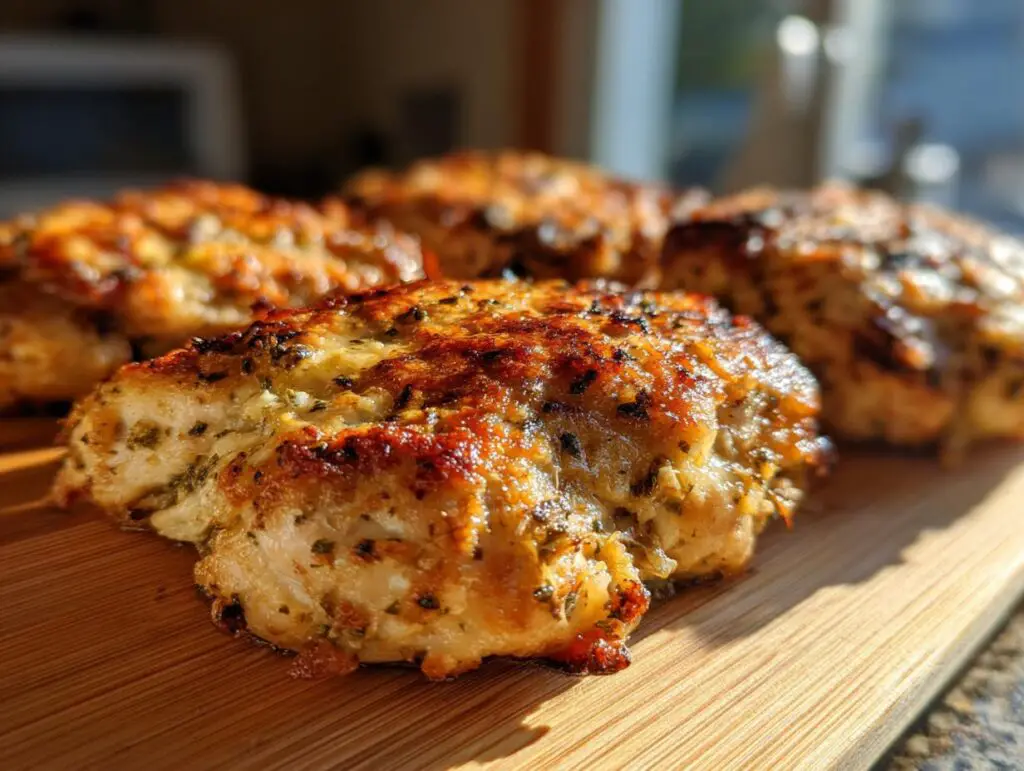 Close-up of cooked Garlic Parmesan Ranch Chicken Thighs on a wooden board.