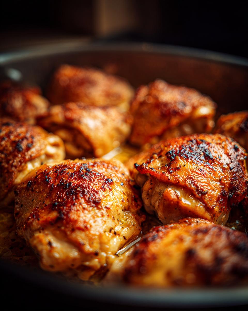 Close-up of cooked Garlic Parmesan Ranch Chicken Thighs in a pan, showing crispy skin.