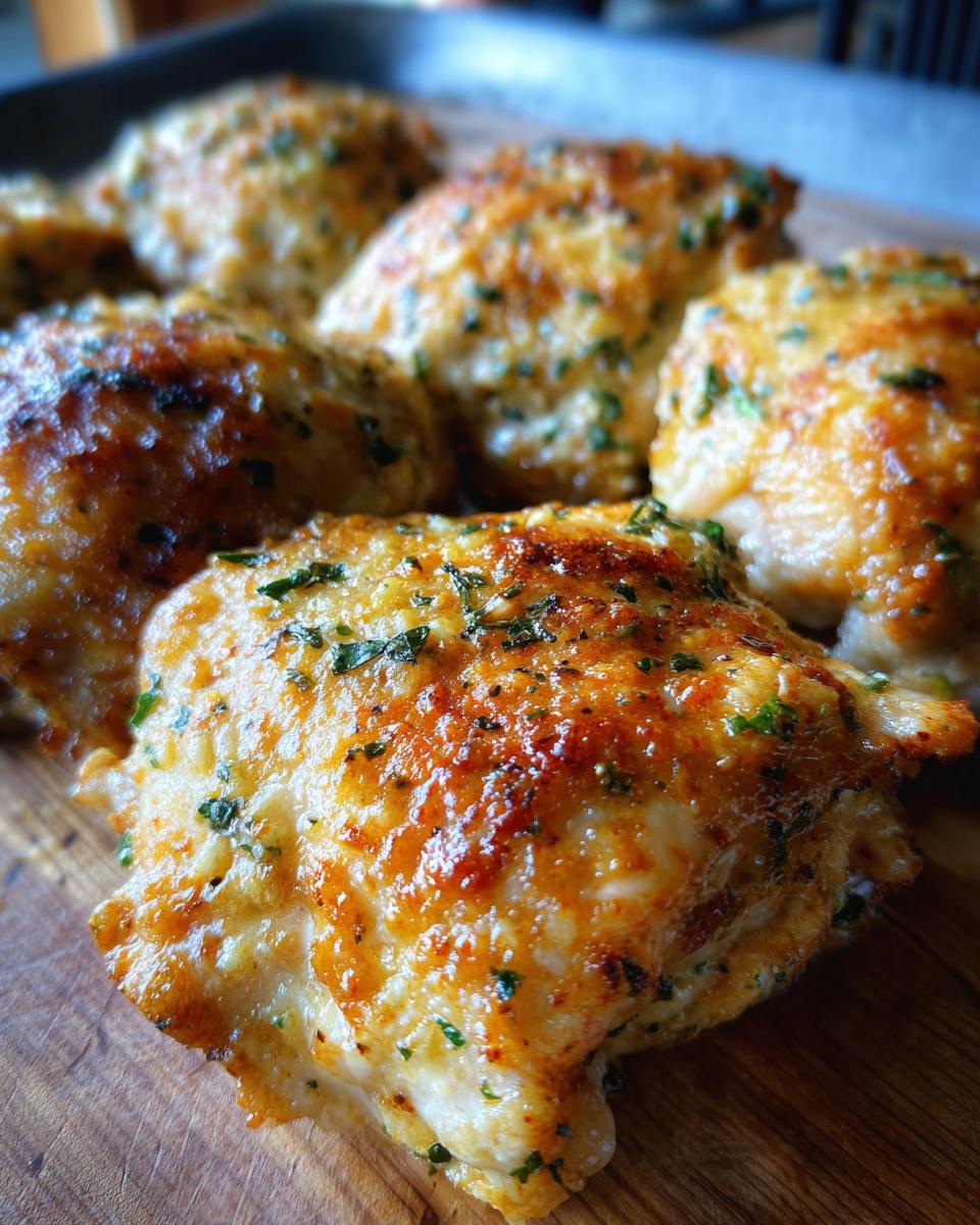 Close-up of baked Garlic Parmesan Ranch Chicken Thighs on a wooden surface.