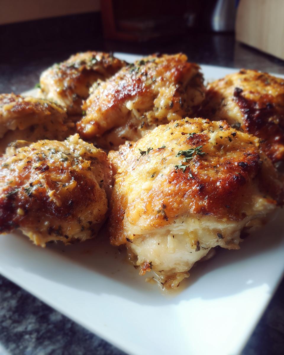 Close-up of cooked Garlic Parmesan Ranch Chicken Thighs on a white plate, showing crispy skin and herbs.