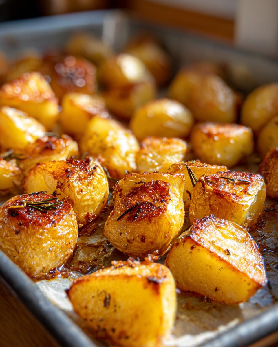 Close-up of crispy golden Garlic Roast Potatoes on a baking sheet, garnished with herbs.