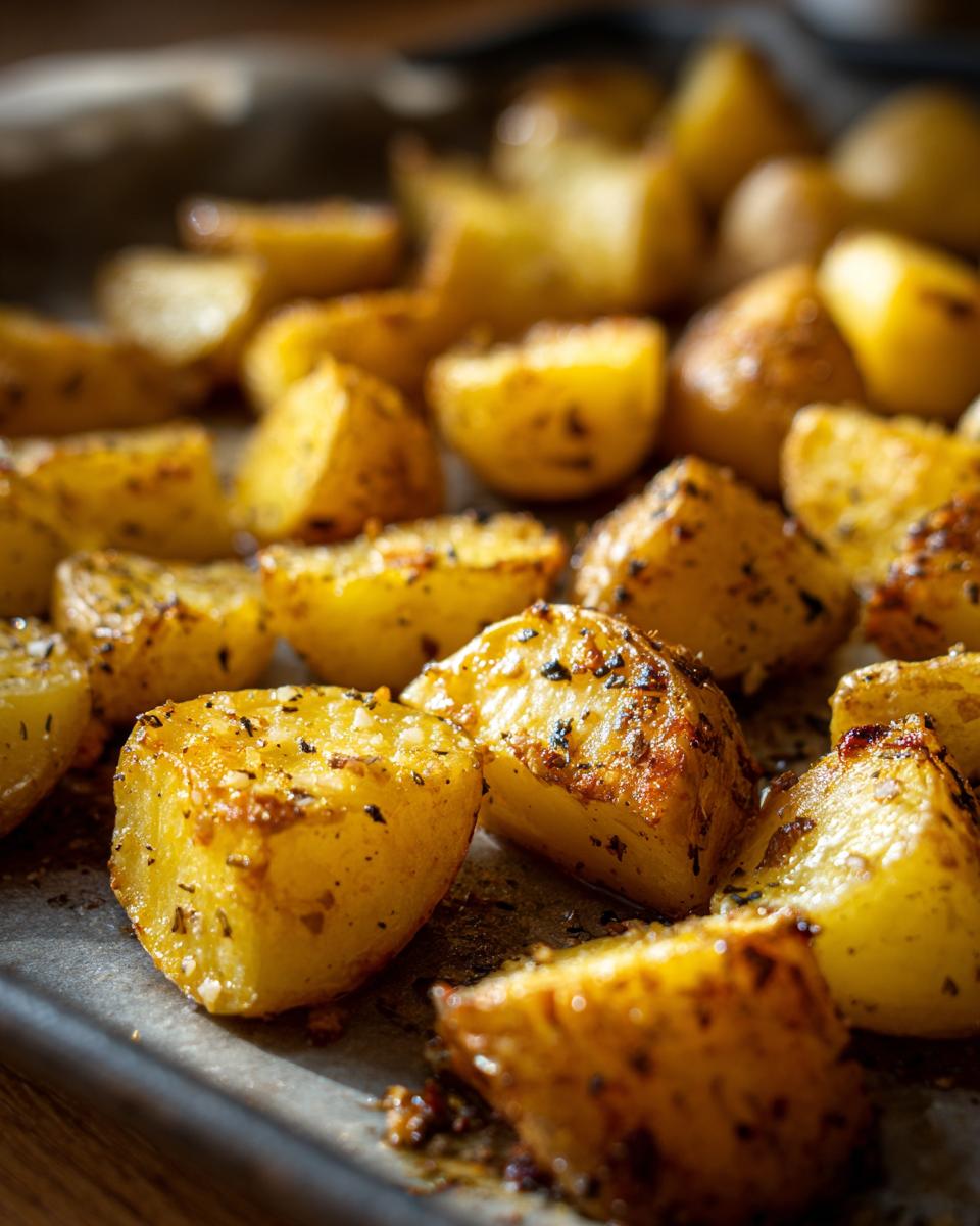 Close-up of perfectly roasted Garlic Roast Potatoes on a baking sheet, seasoned and ready to eat.