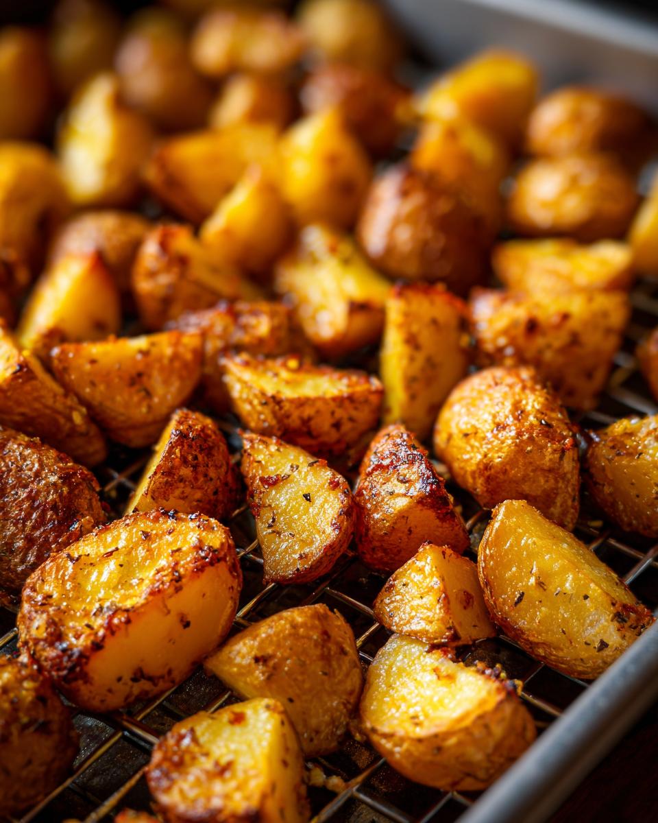 Close-up of golden brown Garlic Roast Potatoes on a wire rack, ready to serve.
