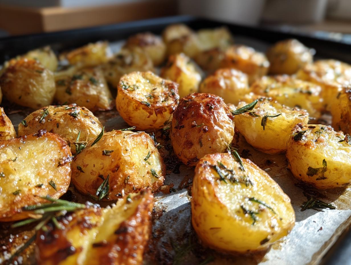 Close-up of crispy golden Garlic Roast Potatoes on a baking tray, garnished with herbs.