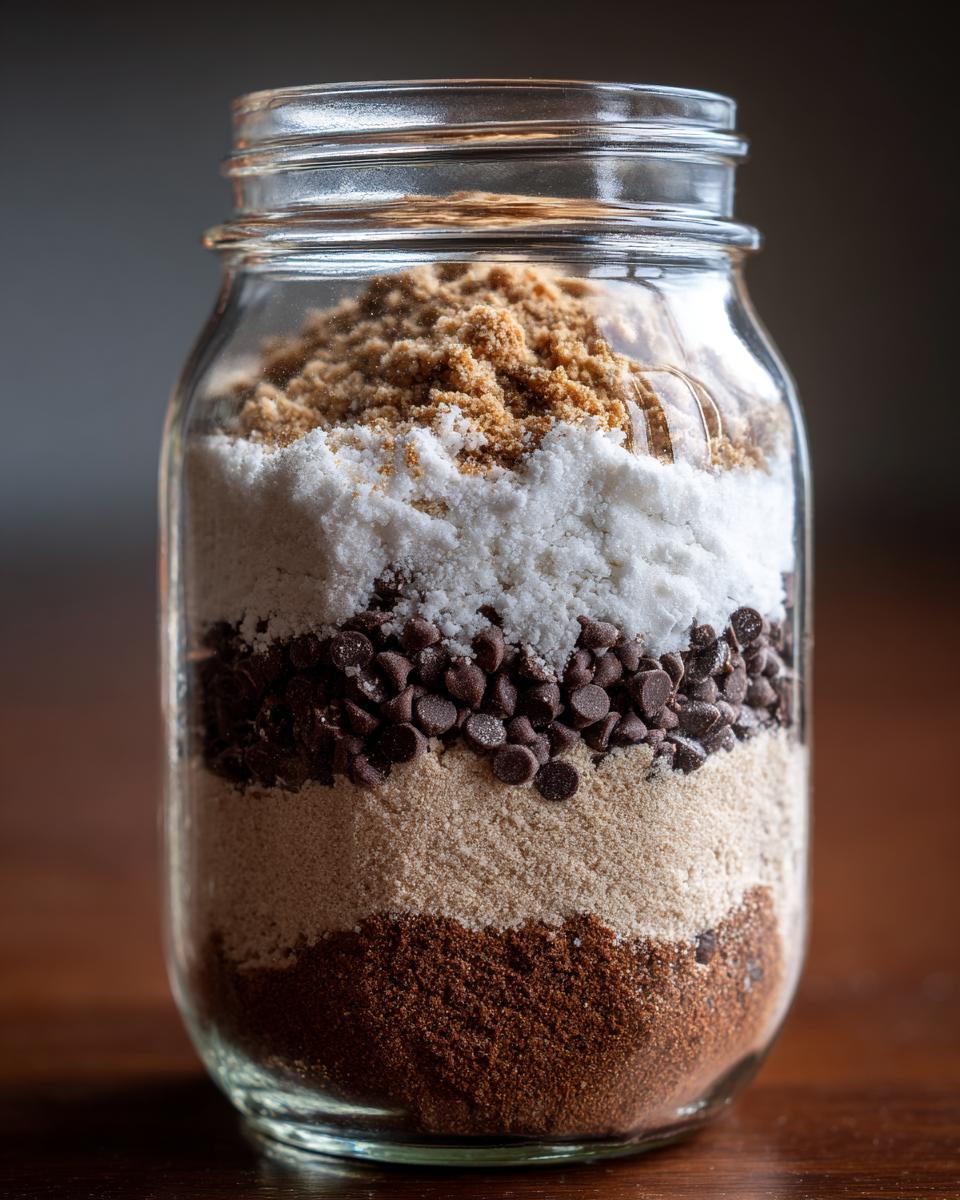 A mason jar filled with layers of cookie mix ingredients, including chocolate chips, flour, and sugars.