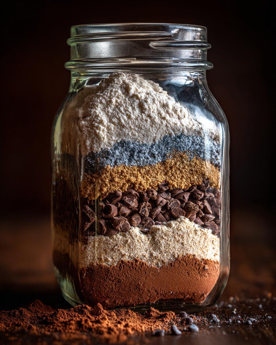A clear glass jar filled with layered ingredients for a giftable cookie mix, including flour, sugar, chocolate chips, and cocoa powder.