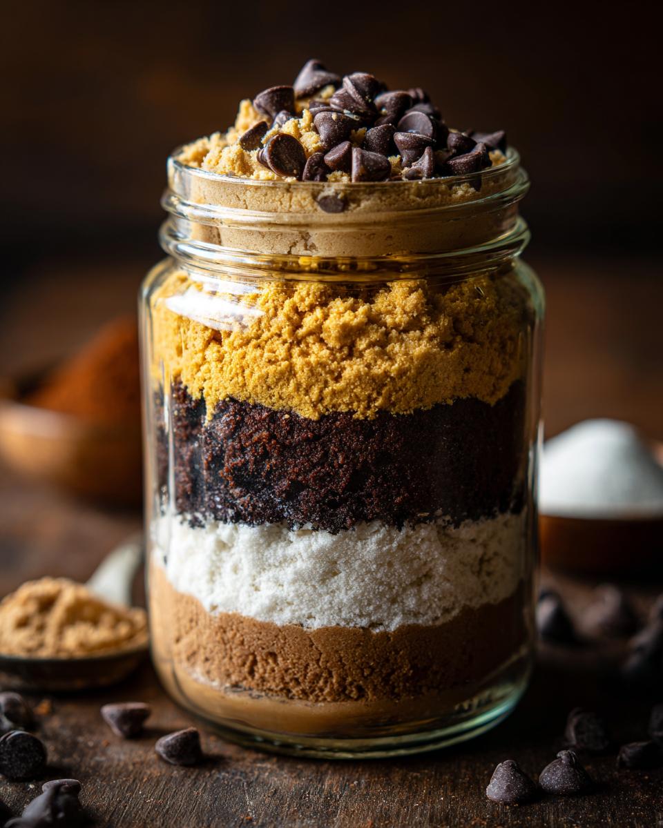 A layered giftable cookie mix in a jar, topped with chocolate chips, ready to be baked.