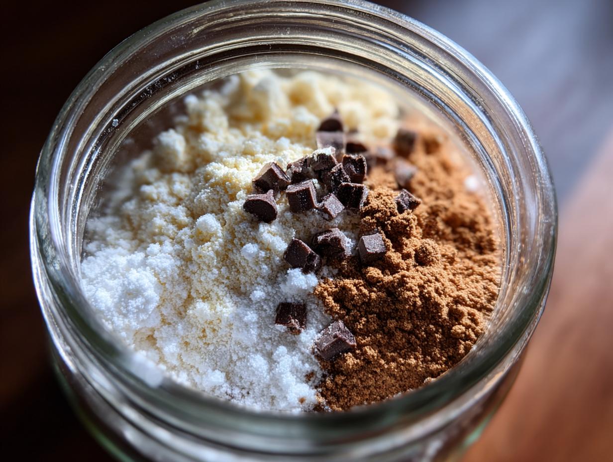 Top-down view of a glass jar filled with layers of dry ingredients for cookie mix, including white powder, yellow powder, cocoa powder, and chocolate chips.
