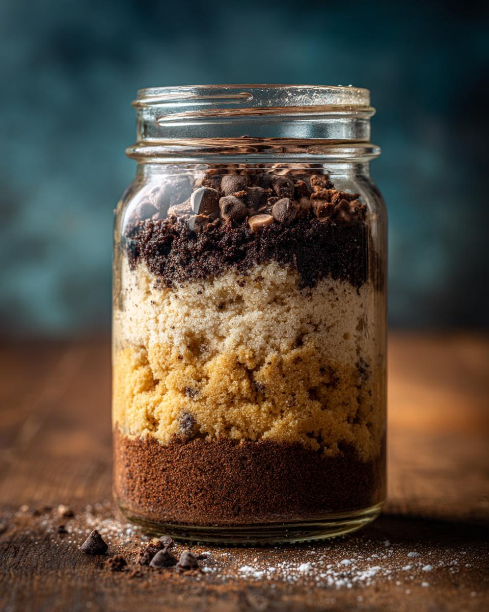 A layered giftable cookie mix in a jar, featuring chocolate chips and cookie ingredients.