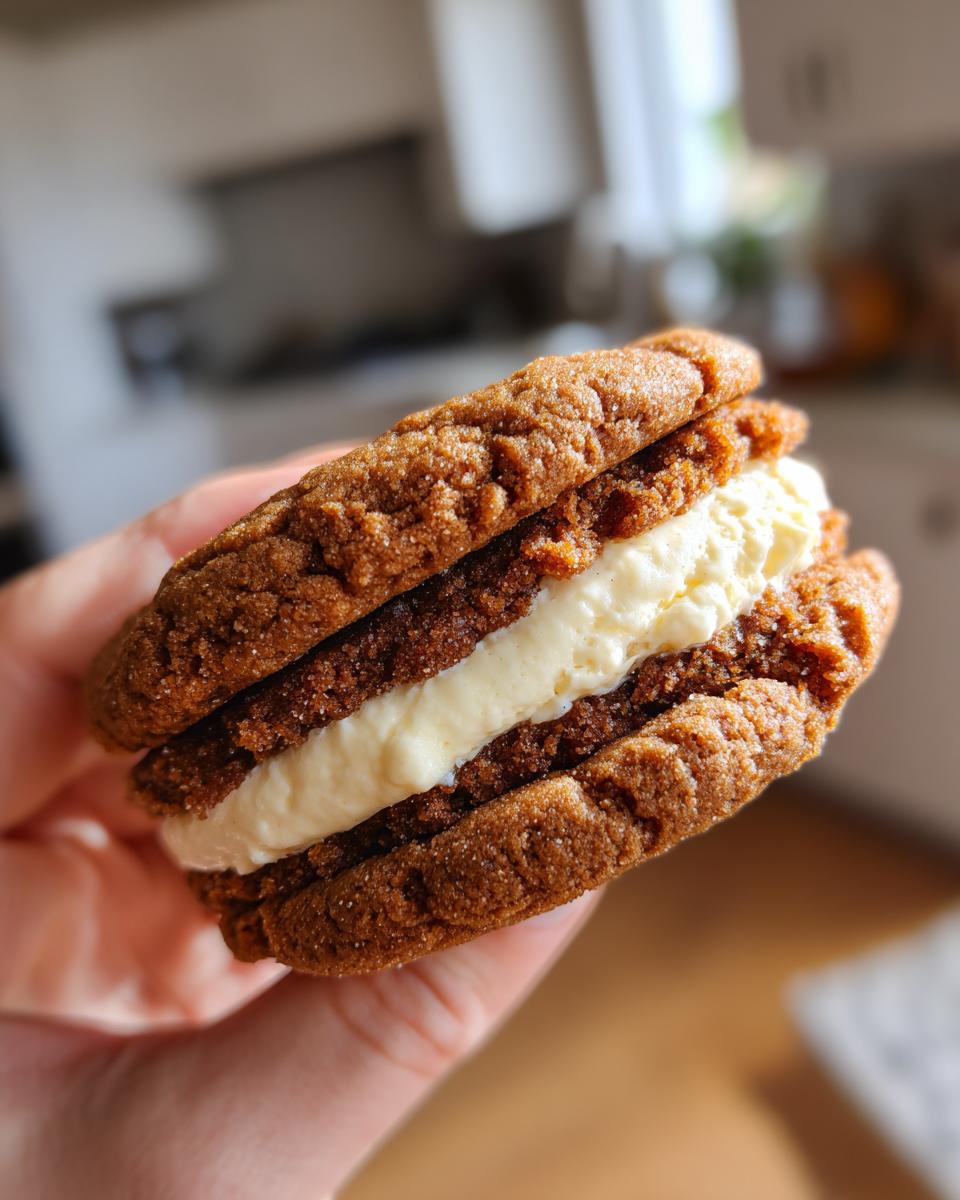 Close-up of a Gingerbread Cheesecake Stuffed Cookie held in a hand, showing the creamy filling.