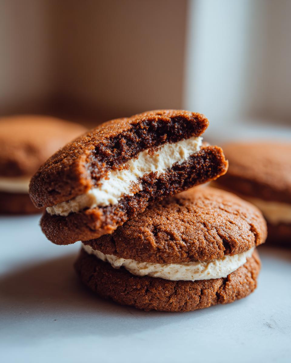 Close-up of Gingerbread Cheesecake Stuffed Cookies, showing the creamy cheesecake filling.