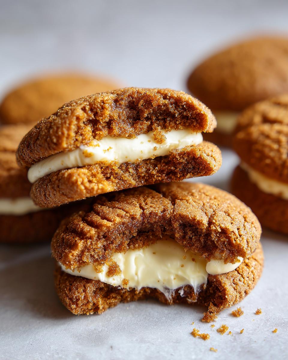 Close-up of Gingerbread Cheesecake Stuffed Cookies, showing the creamy cheesecake filling.