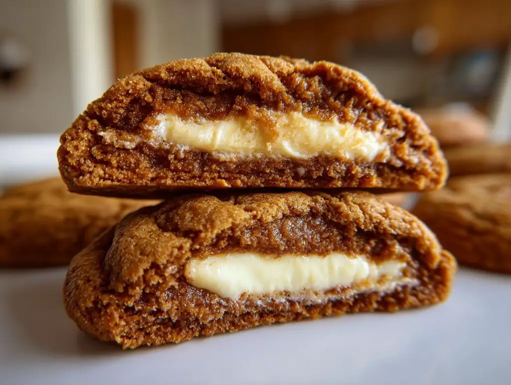 Close-up of a Gingerbread Cheesecake Stuffed Cookie cut in half, revealing the creamy cheesecake filling.