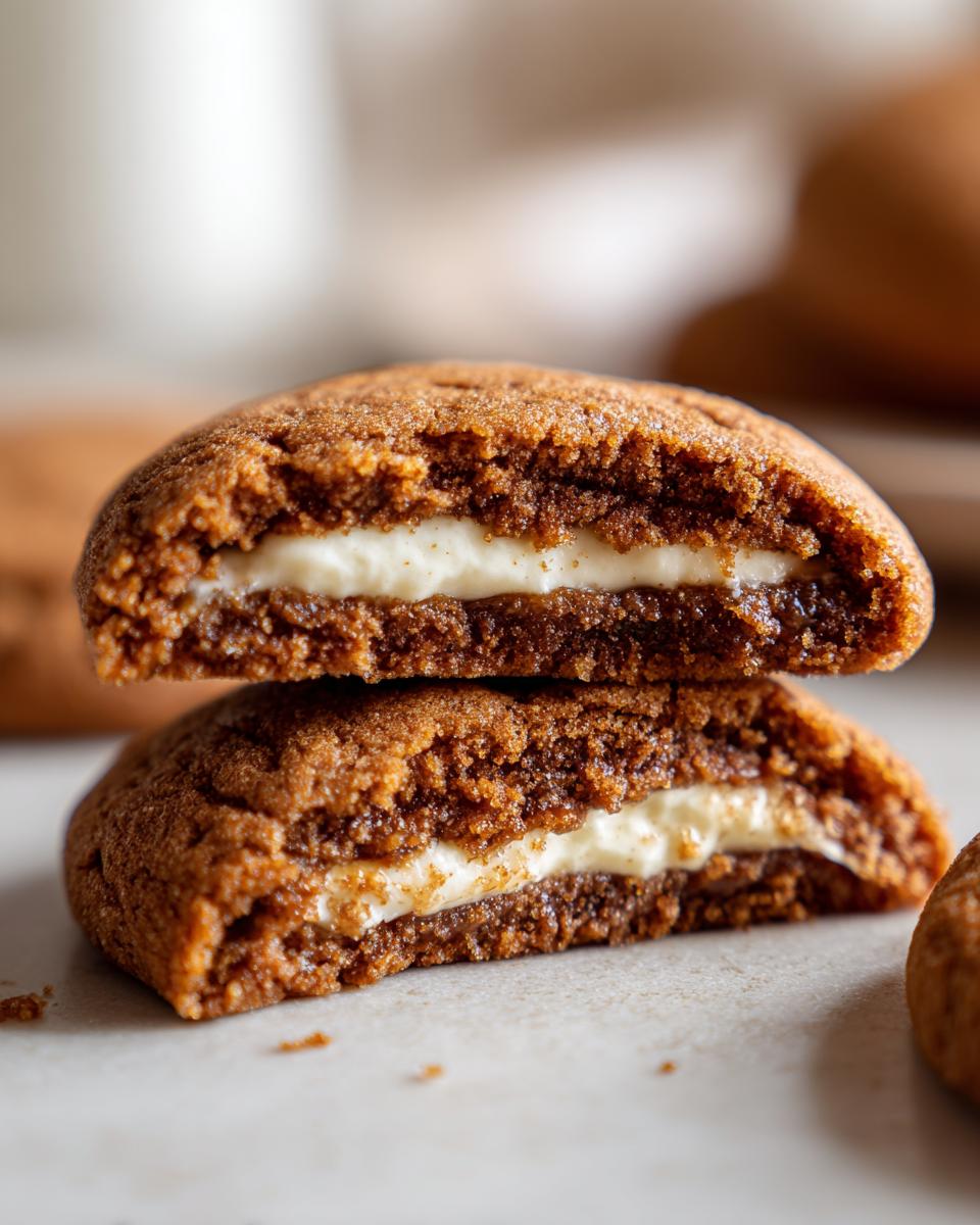 Close-up of a Gingerbread Cheesecake Stuffed Cookie cut in half, showing the creamy filling.