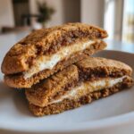 Close-up of a Gingerbread Cheesecake Stuffed Cookie cut in half, showing the creamy cheesecake filling.