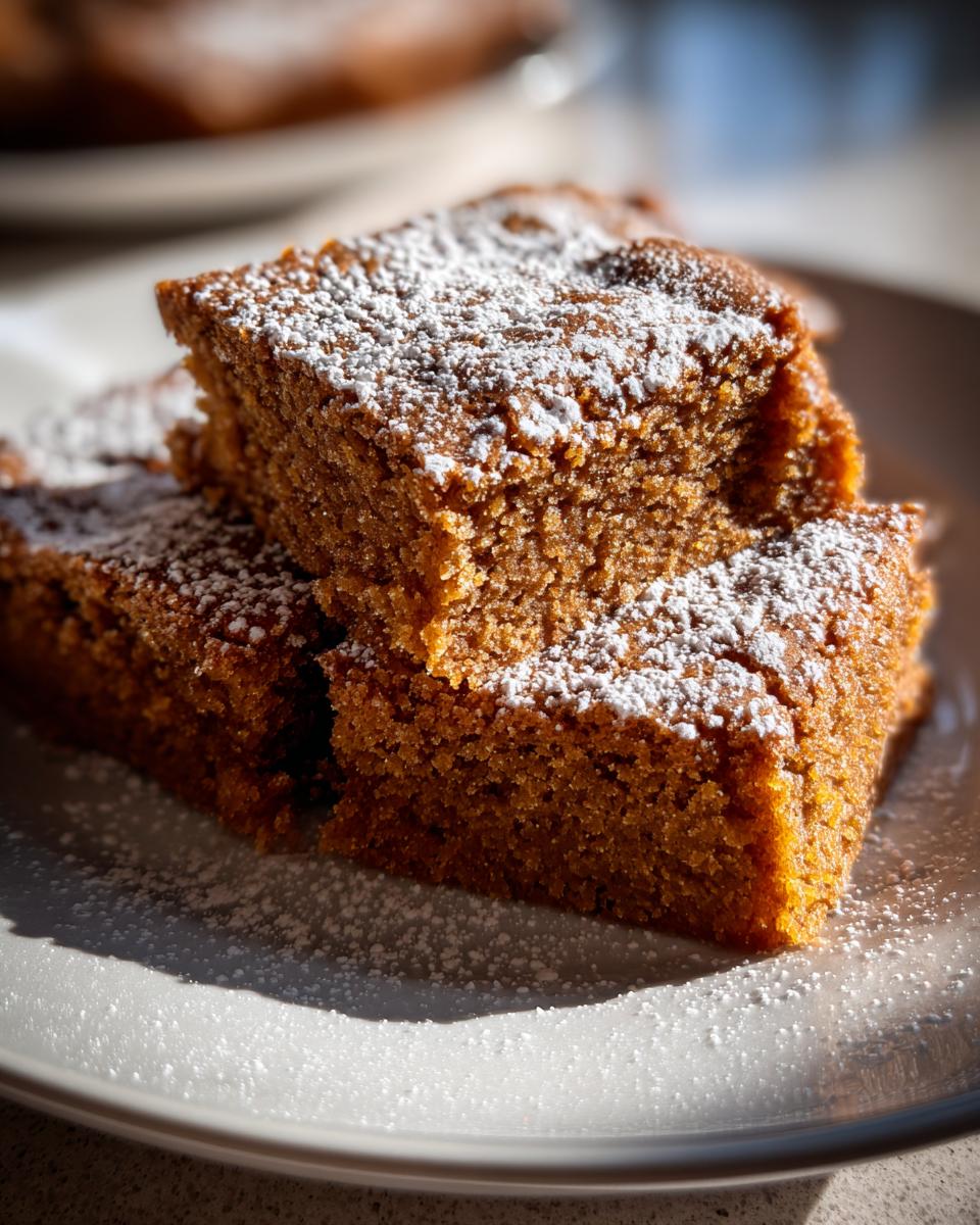 Close-up of stacked Gingerbread Cookie Bars dusted with powdered sugar on a white plate.