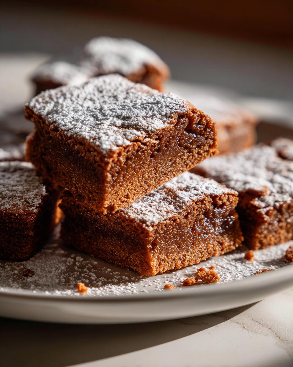 Close-up of stacked Gingerbread Cookie Bars dusted with powdered sugar on a plate.