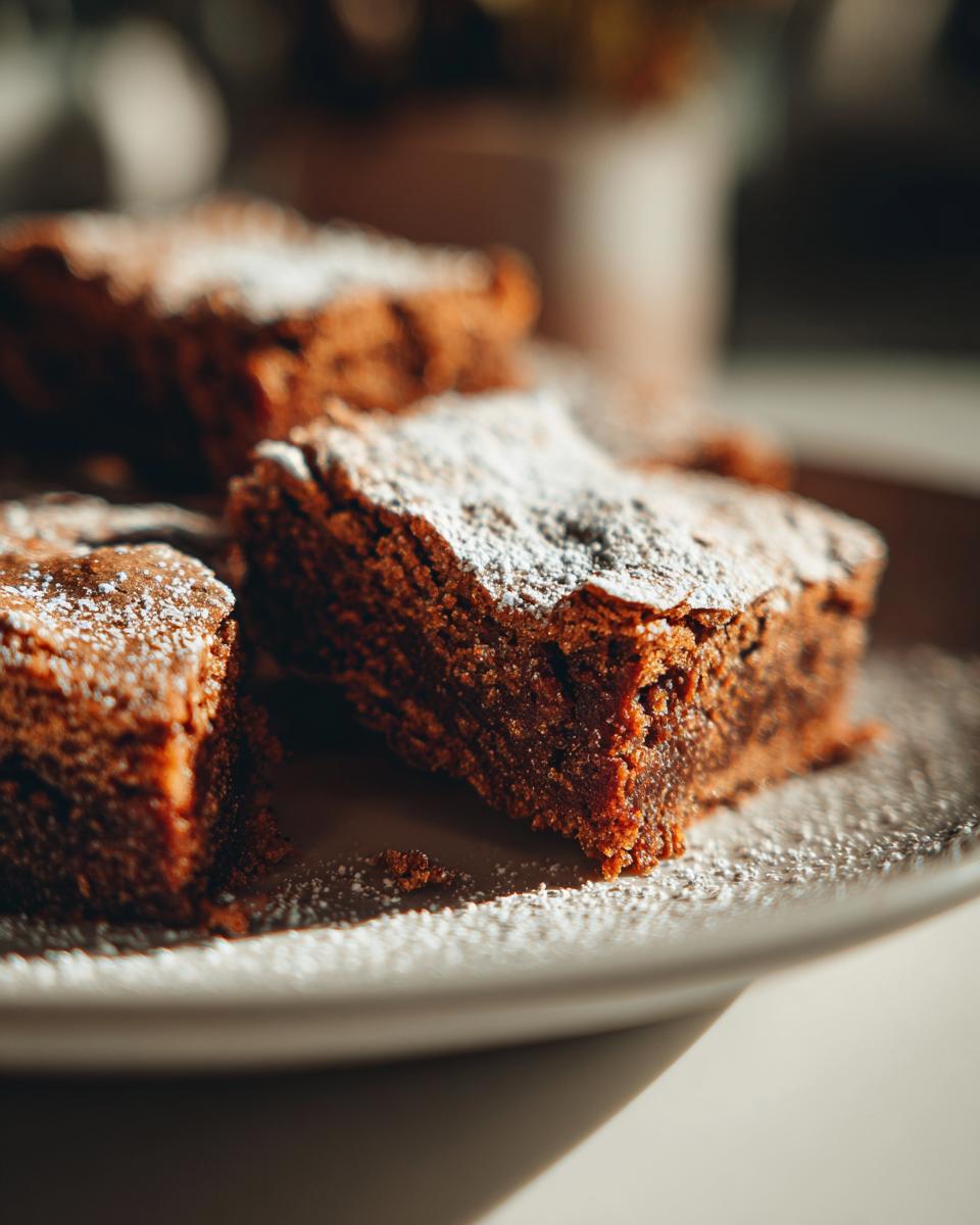 Close-up of moist Gingerbread Cookie Bars dusted with powdered sugar on a white plate.
