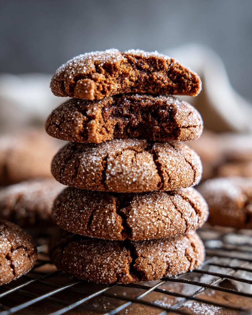 Amazing Soft Gingerbread Crinkle Cookies 10 A stack of soft Gingerbread Crinkle Cookies, coated in sugar, with one cookie broken in half to show the texture.