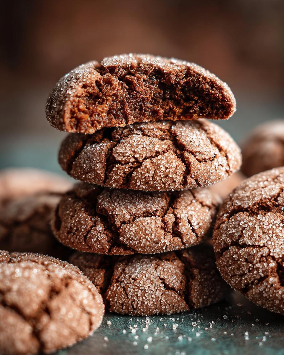 Amazing Soft Gingerbread Crinkle Cookies 9 A close-up stack of soft Gingerbread Crinkle Cookies, dusted with sugar, with one cookie broken open.