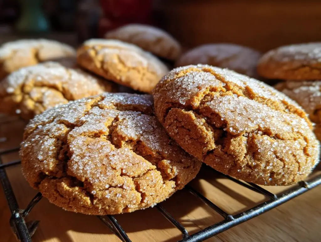 Close-up of soft Gingerbread Crinkle Cookies dusted with sugar, showing their cracked texture.