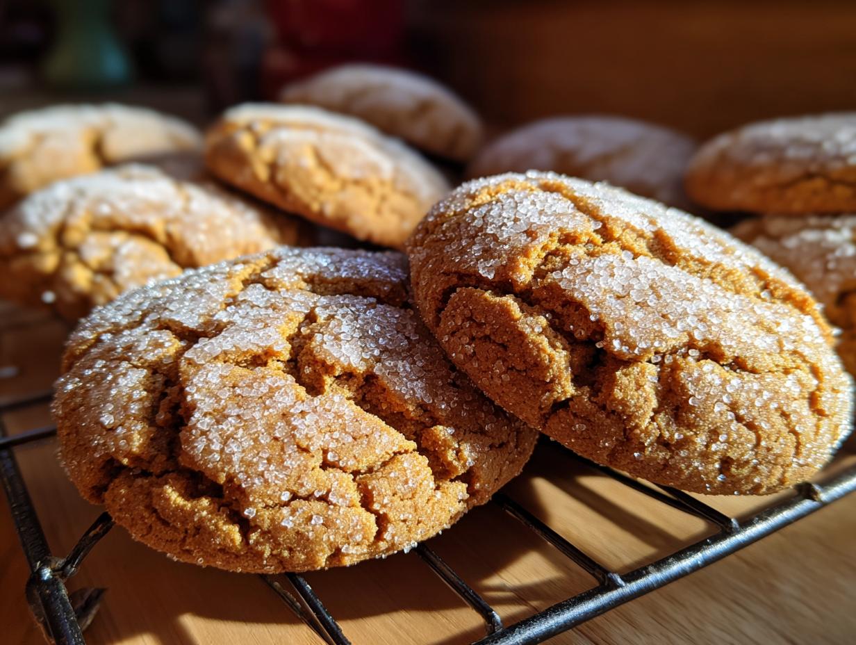 Close-up of soft Gingerbread Crinkle Cookies dusted with sugar, showing their cracked texture.