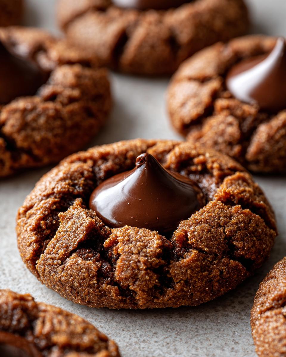 Close-up of a delicious Gingerbread Kiss Cookie topped with a shiny chocolate kiss.