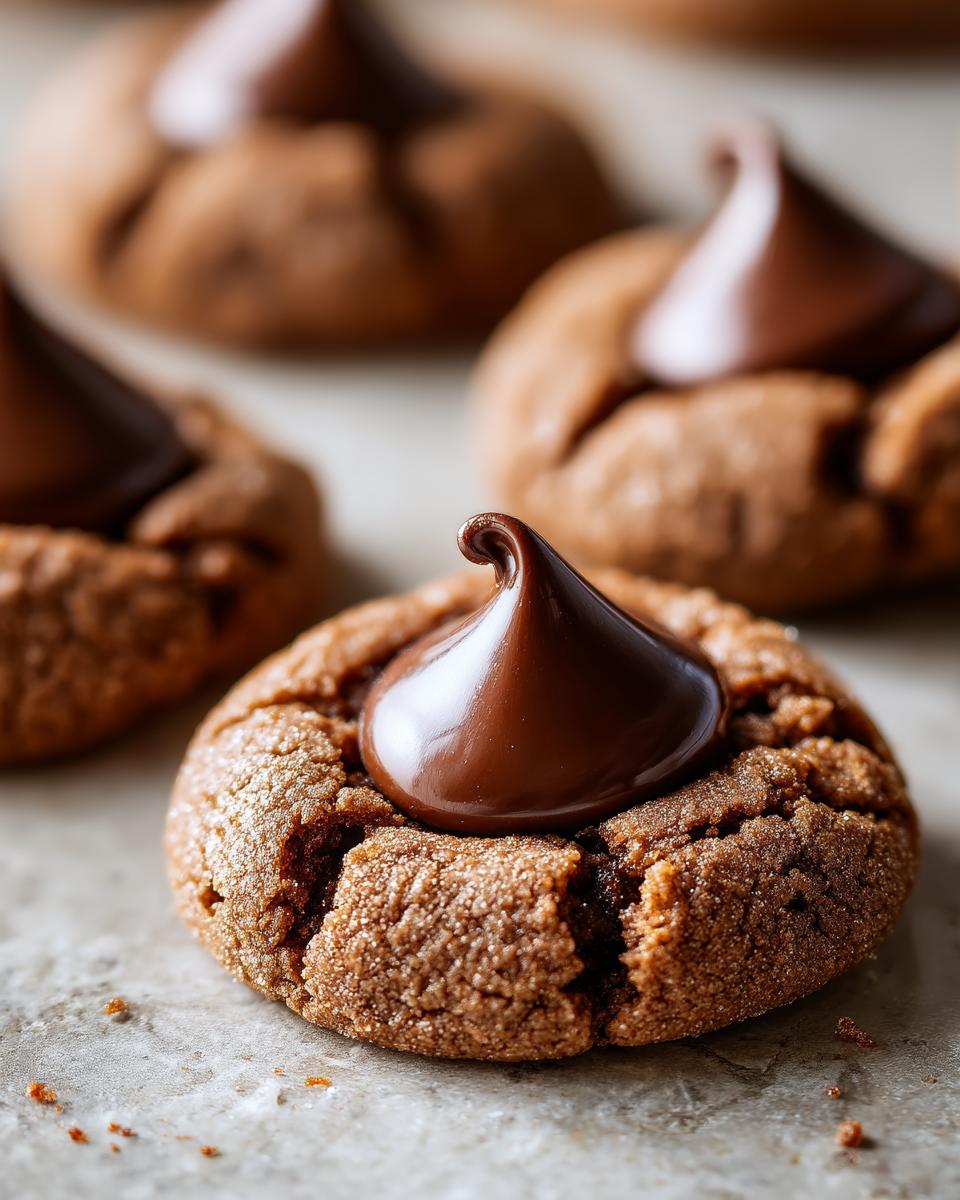Close-up of a freshly baked Gingerbread Kiss Cookie topped with a shiny chocolate kiss.