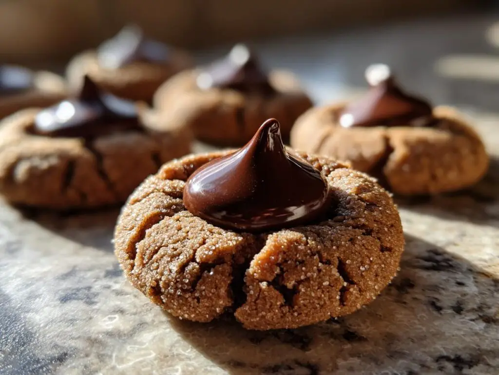 Close-up of a perfectly baked Gingerbread Kiss Cookie, rolled in sugar and topped with a shiny chocolate kiss.