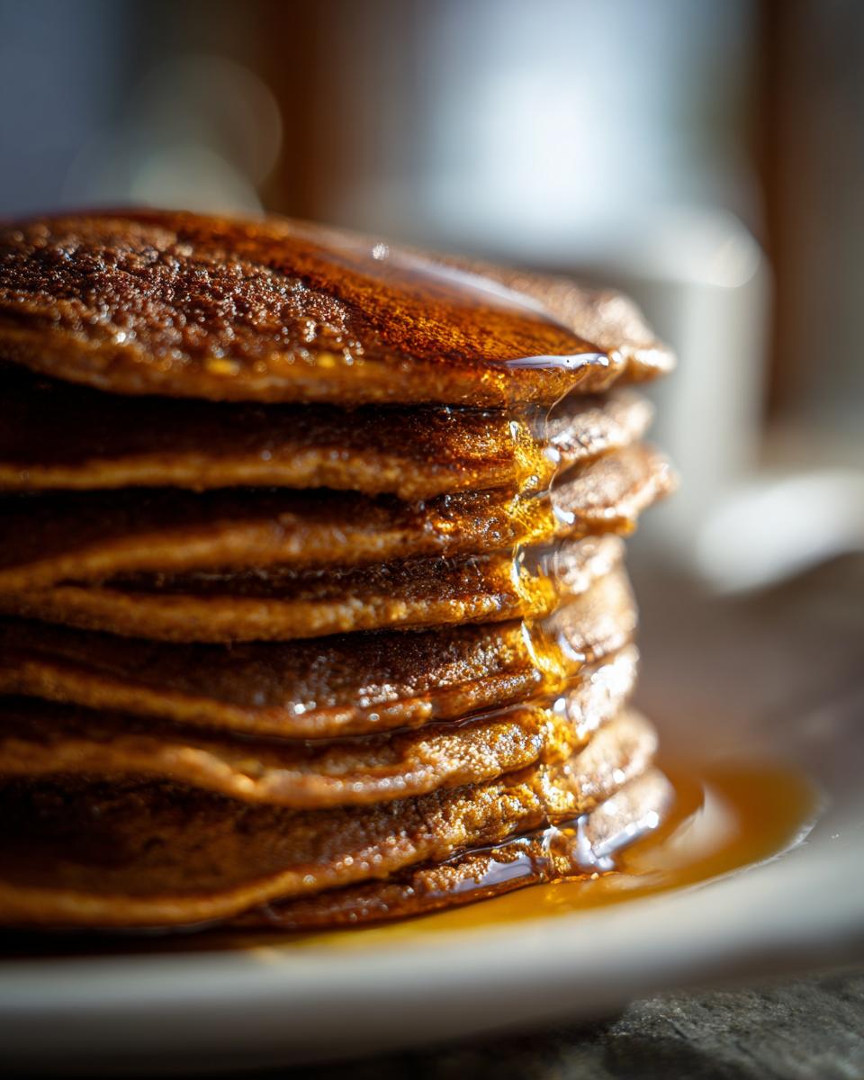 Close-up of a stack of Gingerbread Pancake with syrup drizzling down.