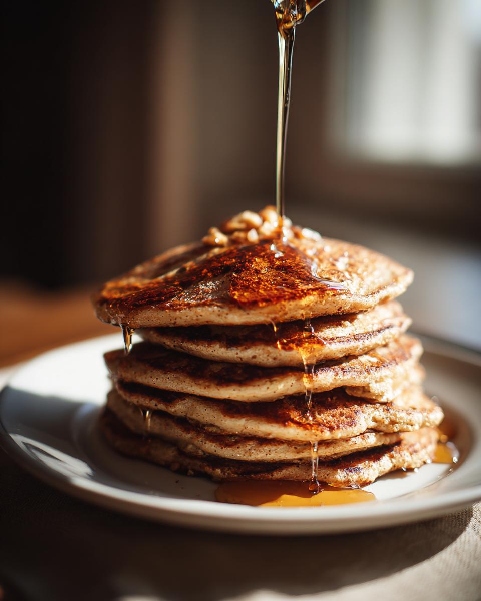 Stack of Gingerbread Pancakes with syrup being poured over them, a delicious breakfast.