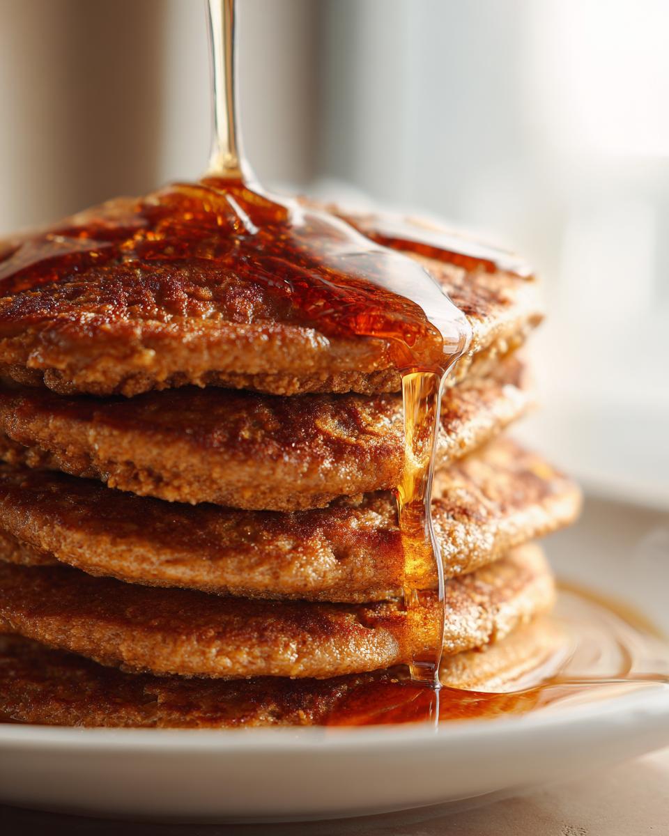 Stack of Gingerbread Pancakes with syrup pouring over them.