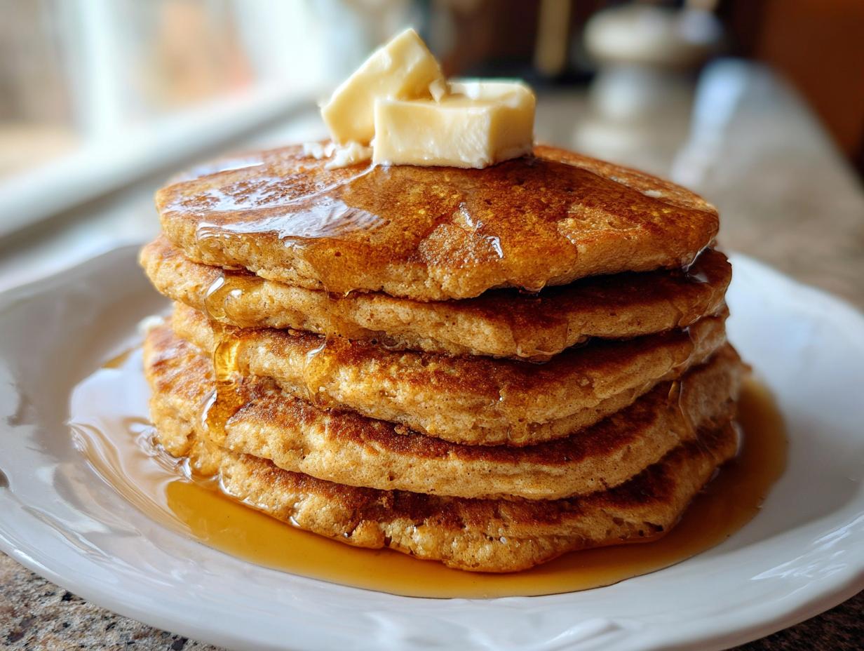 A stack of delicious Gingerbread Pancakes topped with butter and drizzled with syrup.