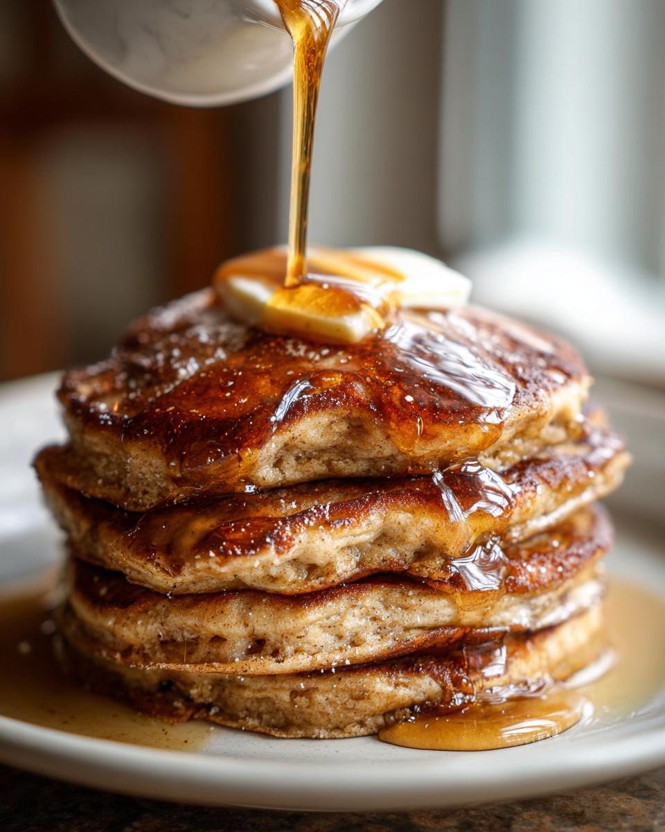 Stack of Gingerbread Pancakes with butter and syrup being poured over them.