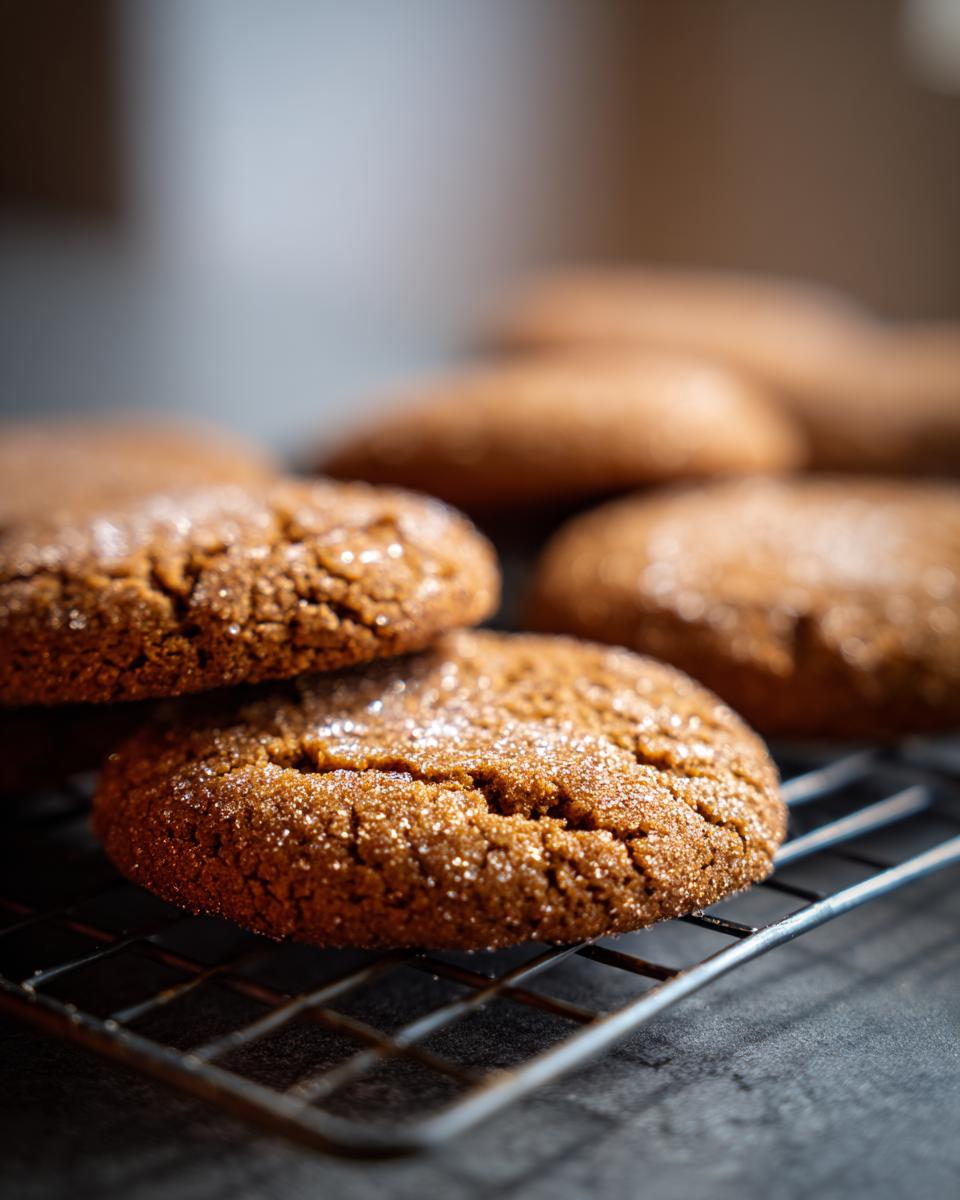 Close-up of freshly baked Gingerdoodle Cookies coated in sugar, resting on a wire cooling rack.