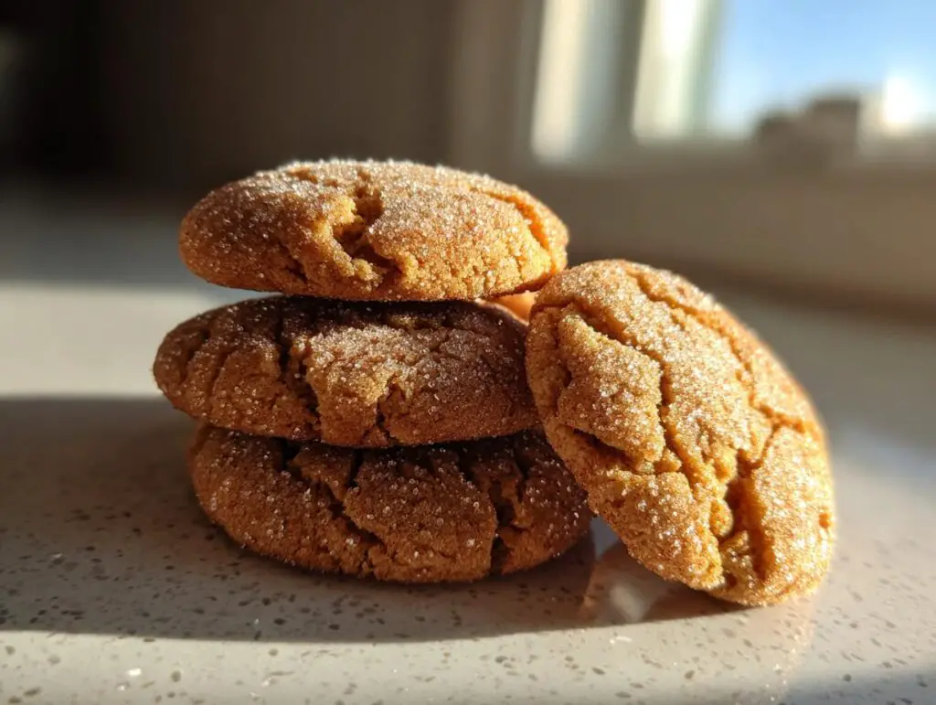 A stack of four homemade Gingerdoodle Cookies, dusted with sugar, bathed in warm sunlight.