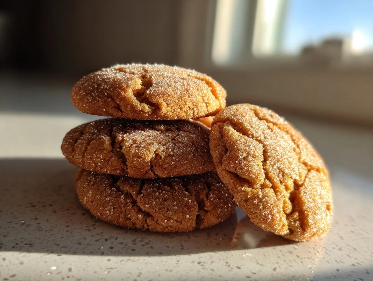 A stack of four homemade Gingerdoodle Cookies, dusted with sugar, bathed in warm sunlight.