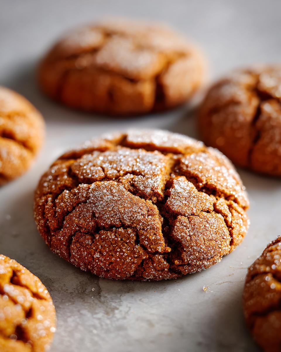 Close-up of a freshly baked Gingerdoodle Cookie, cracked and coated in sparkling sugar.