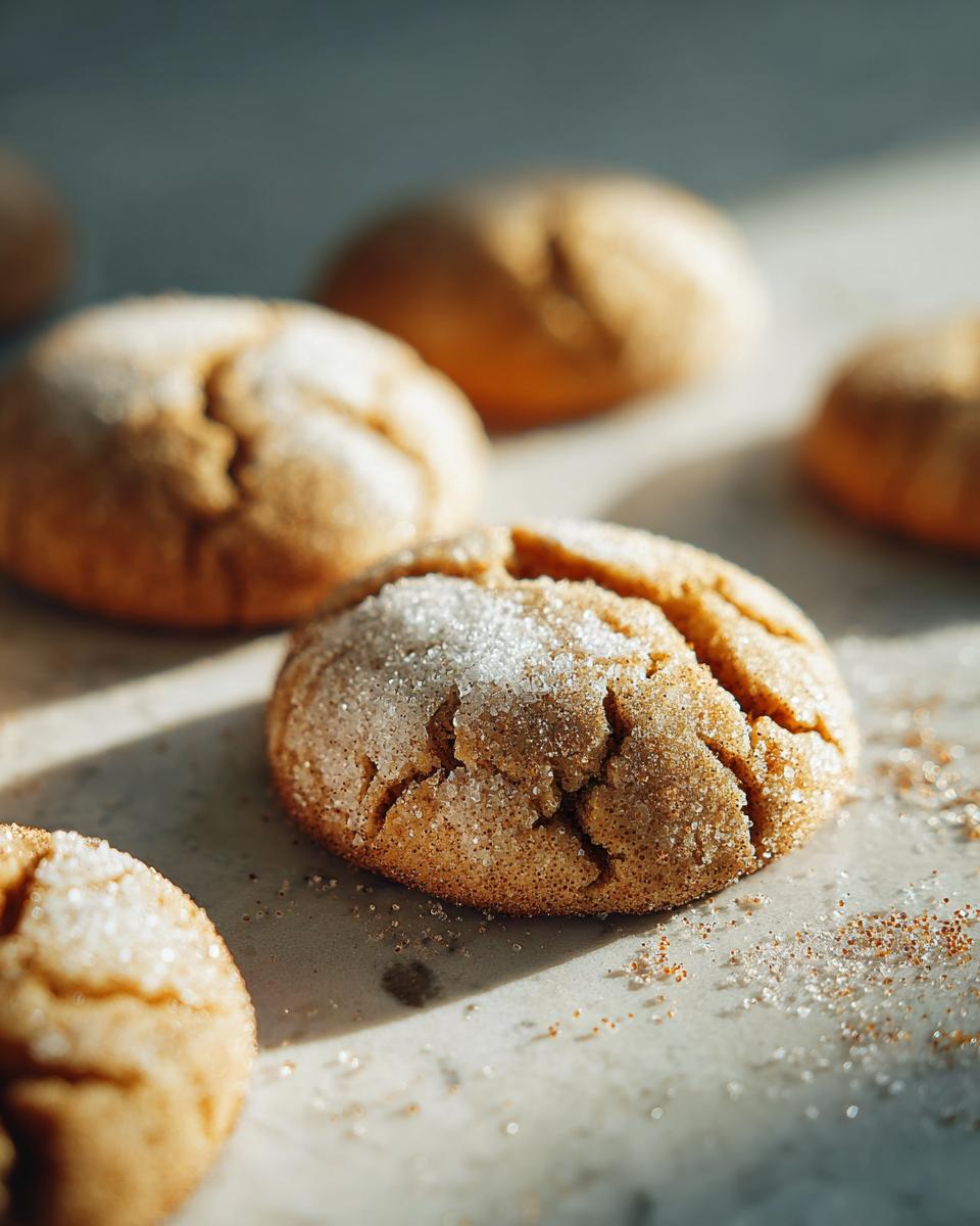 Close-up of freshly baked Gingerdoodle Cookies, coated in sparkling sugar and cinnamon.