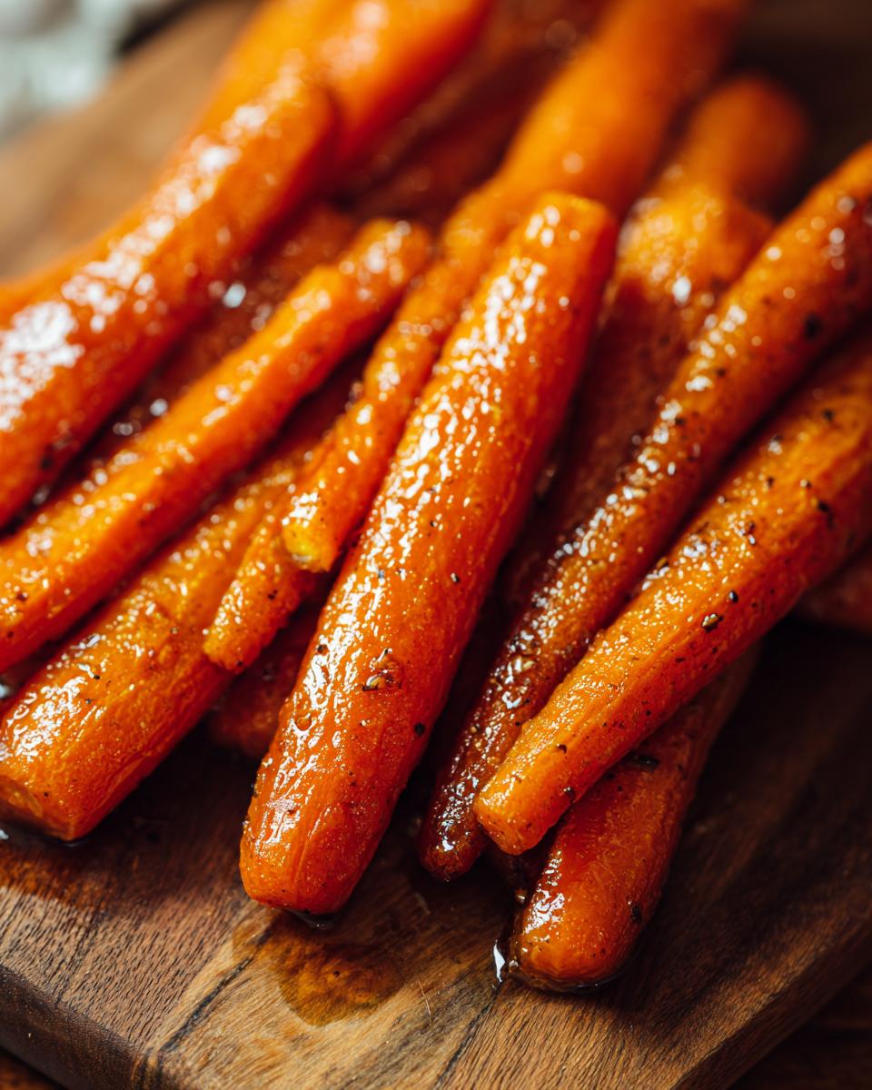 3 Reasons You'll Love These Amazing Glazed Carrots! 7 Close-up of perfectly glazed carrots on a wooden cutting board. These are the best Glazed Carrots!