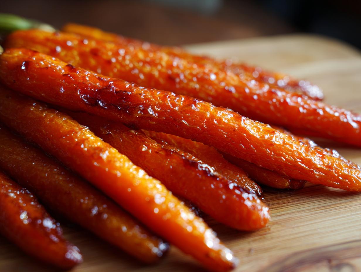 Close-up of glistening Glazed Carrots on a wooden cutting board, showing the glaze.